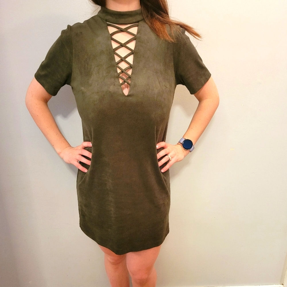 Green velvet mini dress